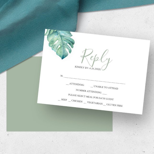Placas RSVP de Resposta de Cores Aquáticas Tropica (Wedding rsvp cards tropical monstera palm leaf watercolor art Victoria Grigaliunas Do Tell A Belle)