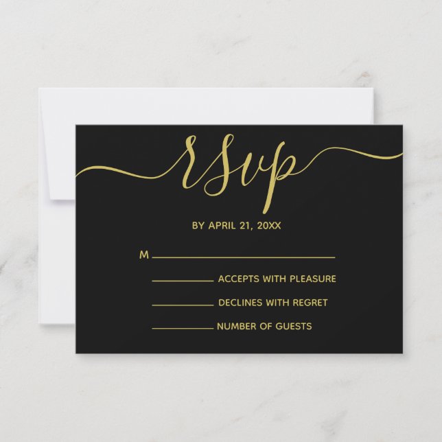 Placas RSVP de Script Dourado e Preto Elegante (Frente)