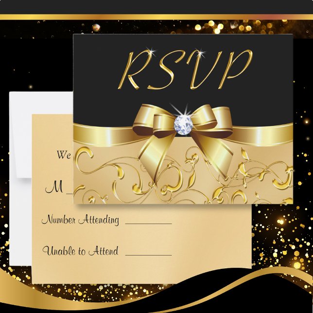 Placas RSVP Douradas e pretas personalizáveis (Anniversary RSVP Cards. RSVP cards for Wedding. Black and Gold RSVP Cards. Anniversary RSVP Cards.)