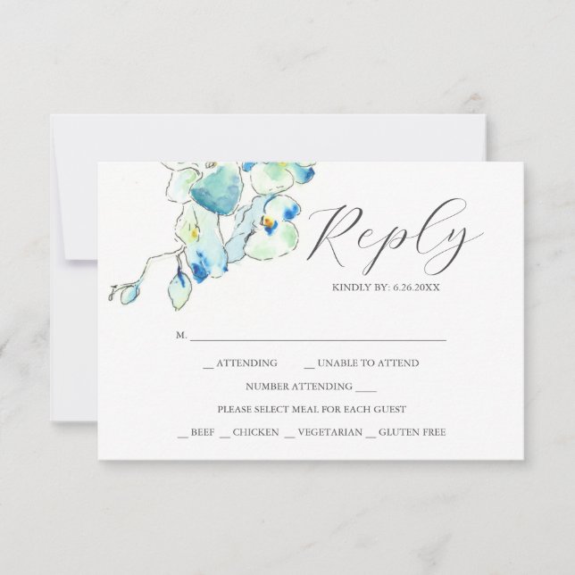 Placas RSVP Elegantes Flores de Aquarela Azul (Frente)