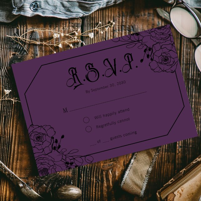 Placas RSVP Roxo de Casamento Floral Moody Gothic (Criador carregado)