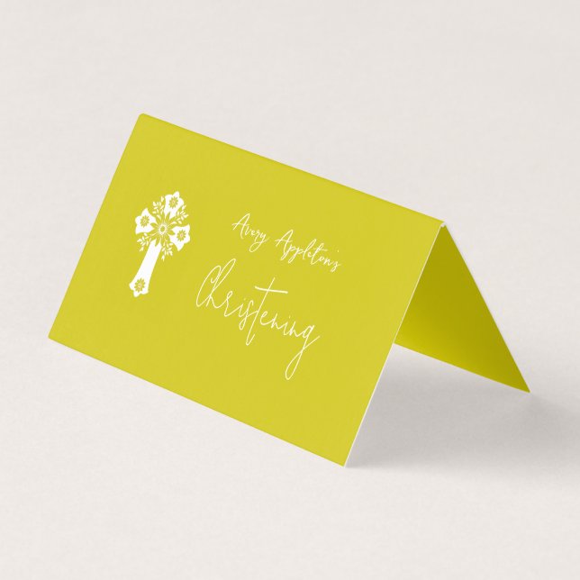 Place Card Floral Cross Christening Yellow (Verso)
