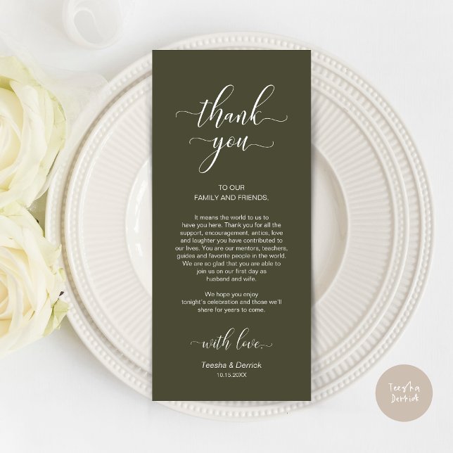 Place Setting Obrigado, Elegante Cartão Verde Oleí (Wedding Dinner Place Setting Thank You Card, Modern Classy Design, Olive Green)