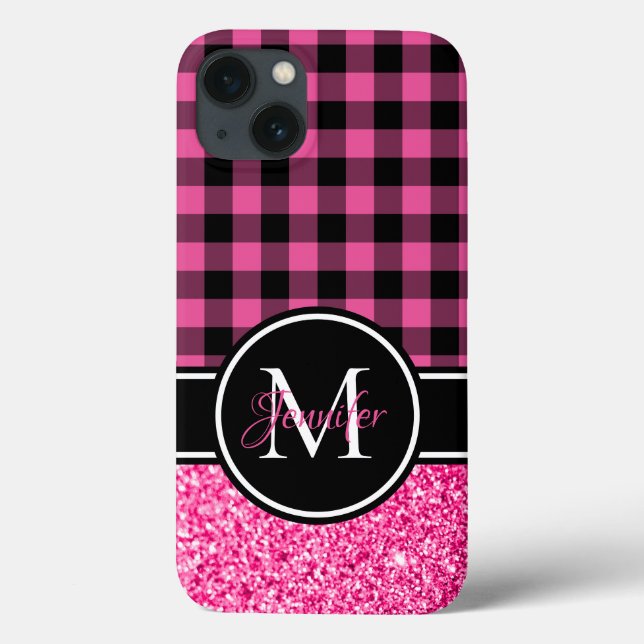 Plaid de Búfalo com Brilho Preto e Rosa Monograma (Verso)