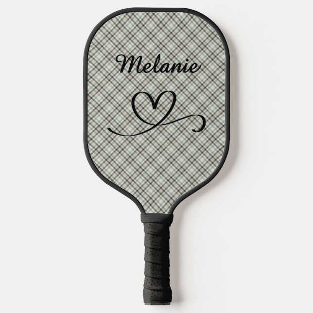 Plaid Greens and Beige Heart Pickleball Paddle (Front)
