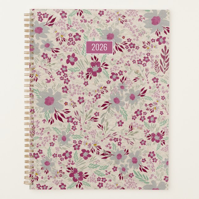 Planejador 2026 Rosa Cinza Floral (Frente)