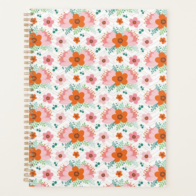 Planejador com padrão de buquê floral rosa e laran (Frente)