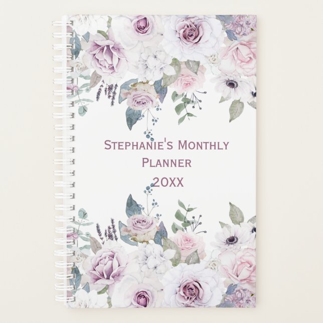 Planejador de Flores Aquarela Rosa Violeta Branco (Frente)