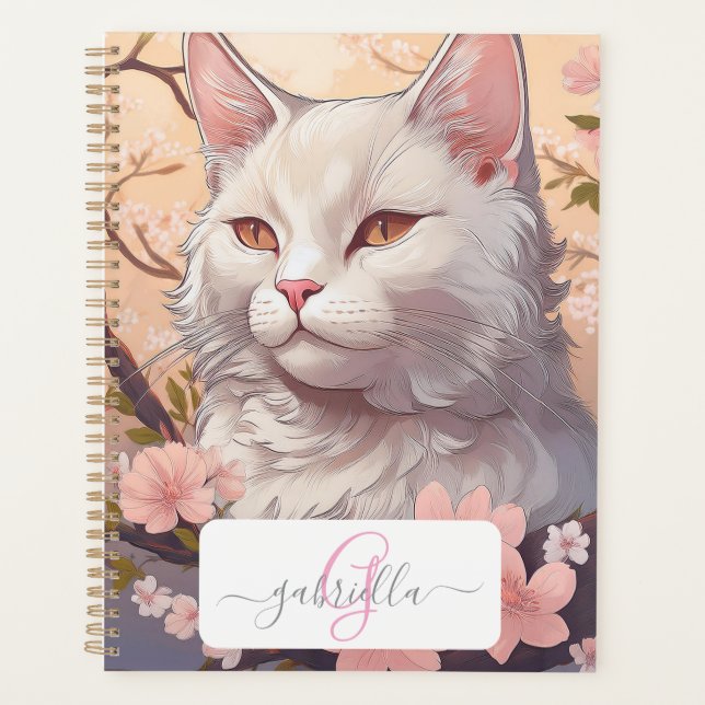 Planejador de Gatos Brancos Serene com Nome e Mono (Frente)