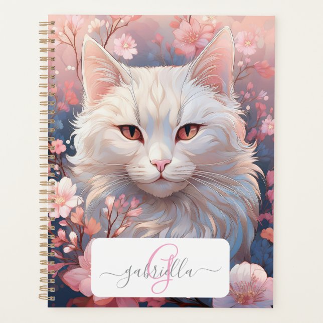 Planejador de Gatos Brancos Serene com Nome e Mono (Frente)