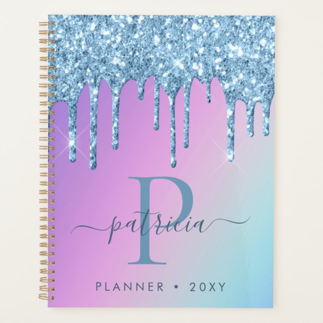Planejador de Monograma Glam Blue Glitter Drips El (Frente)