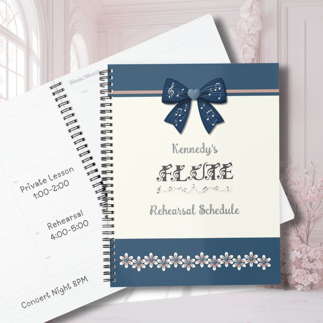 Planejador de Música para Flauta com Arco Azul Índ (Unique indigo blue bow flute music planner with preppy floral design for school band students.)