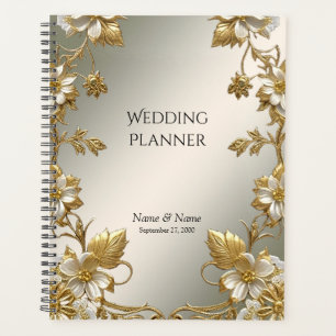 Planejador de Ornamentado Dourado Branco Floral