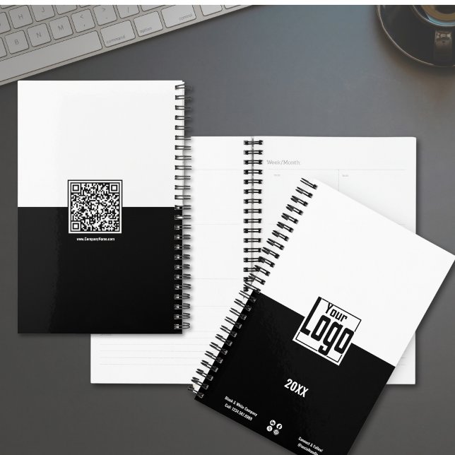 Planejador de Pequenas Empresas Preto e Branco mod (Black & White Small Business Planner with Logo, QR code)