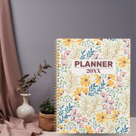 Planejador Floral Amarelo Azul e Caderno de Anotaç