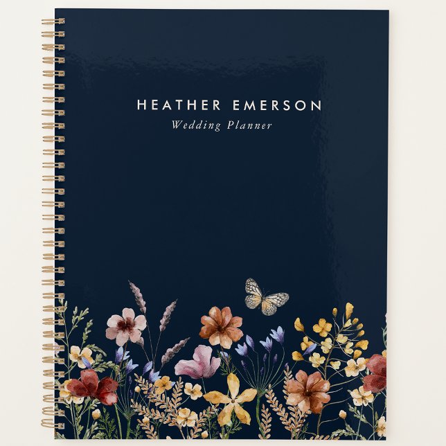 Planejador Floral de Flores Silvestres Boho Azul M (Navy Blue Boho Wildflowers Wedding Planner with Butterfly by Painted Paperie
)