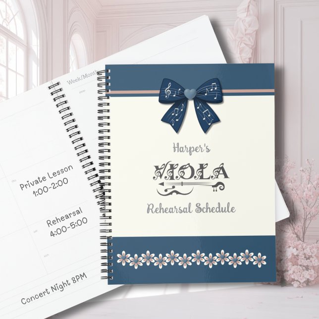 Planejador Orquestra Viola Floral Azul Índigo Prep (Preppy indigo floral viola planner, a stylish gift for teen girls tracking school music events.)