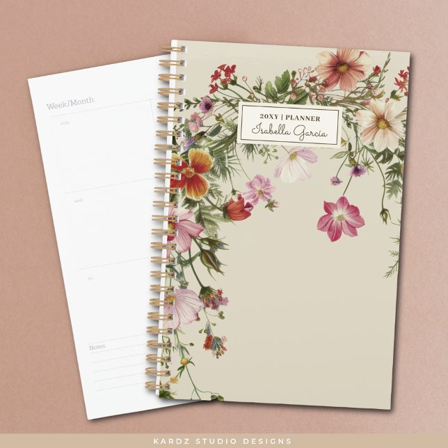 Planejador Personalizado Bonito de Flores Selvagen (The front of small planner is shown, and a sample of an inside page. Choose small or standard size.)