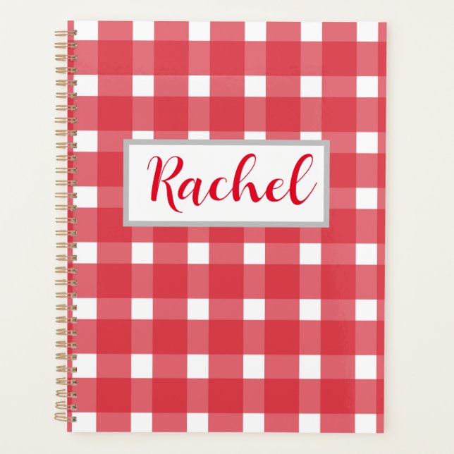 Planejador Personalizado Gingham Branco Vermelho (Frente)