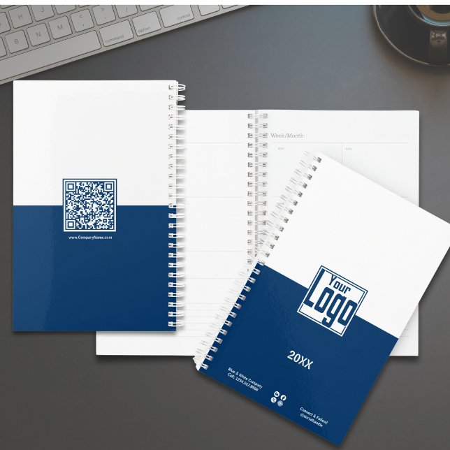 Planejador simples de pequenas empresas, azul e br (Simple Blue & White Small Business Planner with Logo)