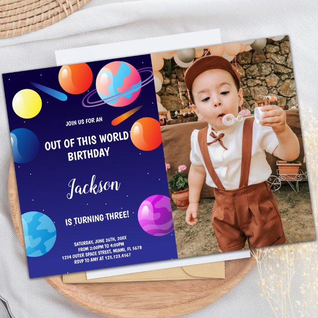 Planetas Convites de Aniversário Roxo com foto (Planets Birthday Invitations Purple with photo)