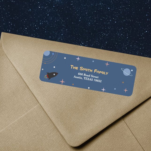 Planetas e foguete, etiqueta de endereço de retorn (Planets & Rocket, Outer Space Return Address Label)