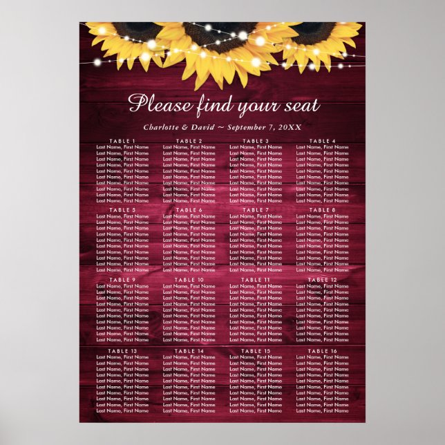 Plano de Mesa de Sunflower Burgundy 16 Poster (Frente)
