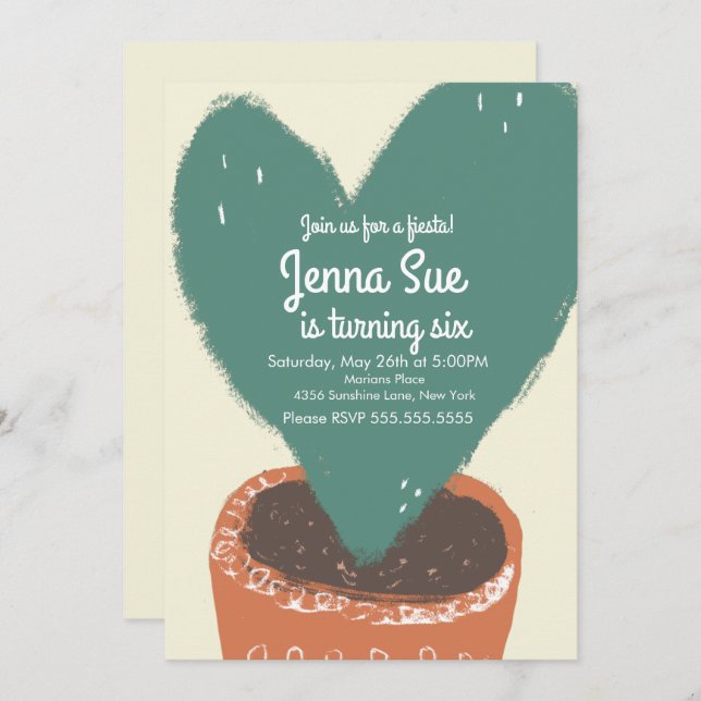 Planta de Coração de Cactus Fiesta Birthday (Frente/Verso)