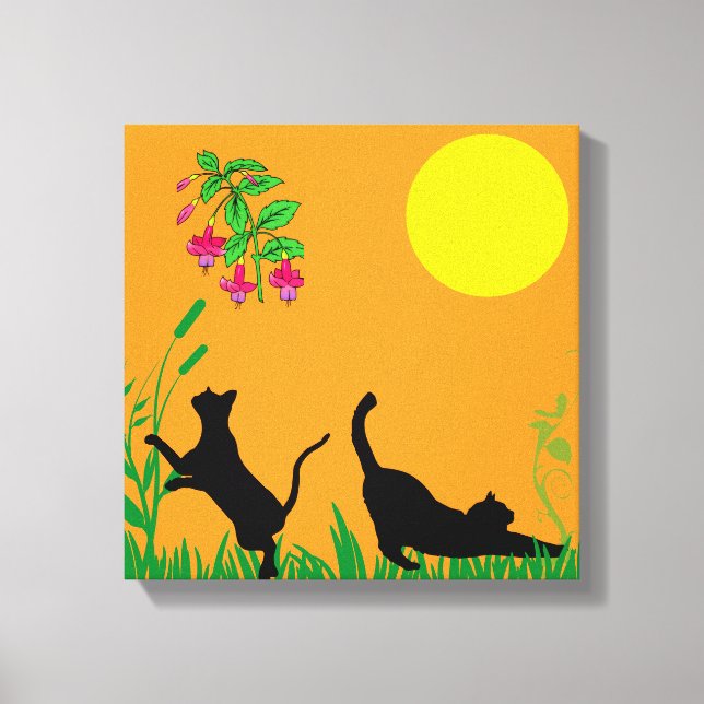 Playful Black Cats in the Garden Canvas Print (Frente)