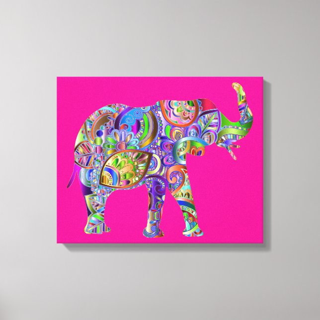 Playful Colorful Elephant Art on Fuchsia Canvas    (Frente)