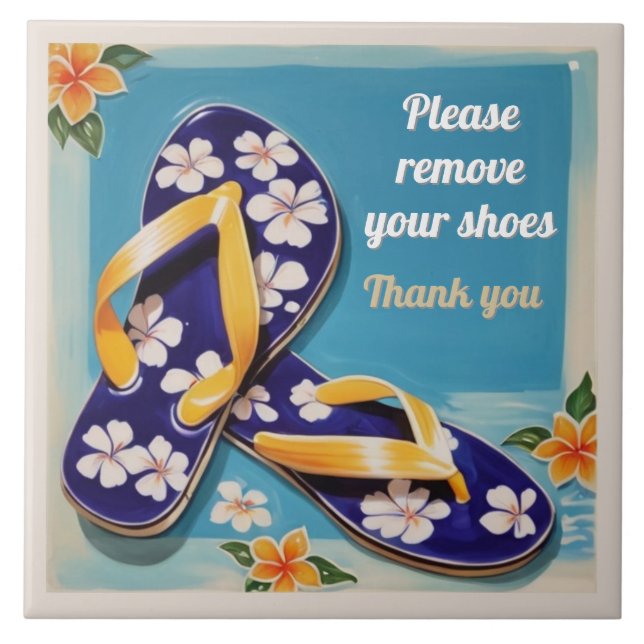 Please Remove Shoes Sign Blue Hawaiian Flip Flops (Frente)