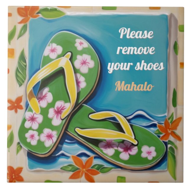 Please Remove Shoes Sign Green Hawaiian Flip Flops (Frente)