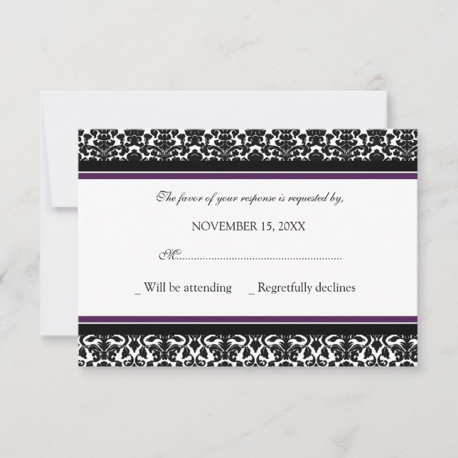 Plum Black Damask RSVP Wedcard (Frente)
