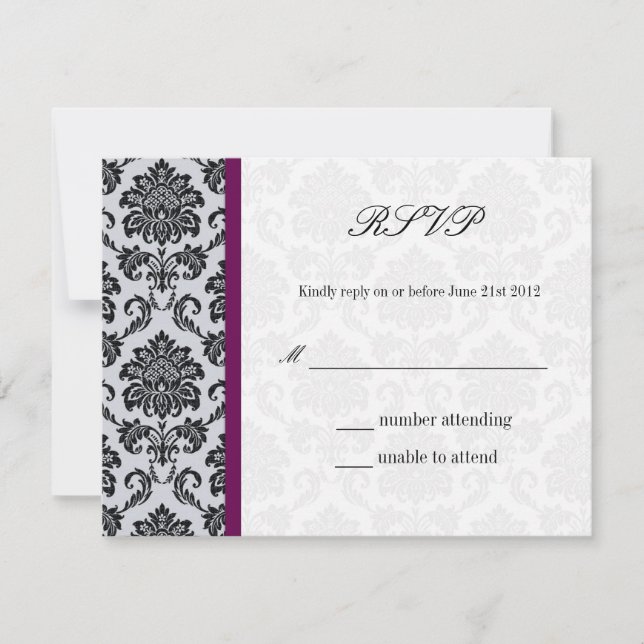 Plum Damask Monograma Wedding RSVP (Frente)