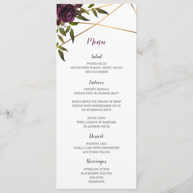 Plum Floral Faux Dourado Geométrico Menu Card (Frente)