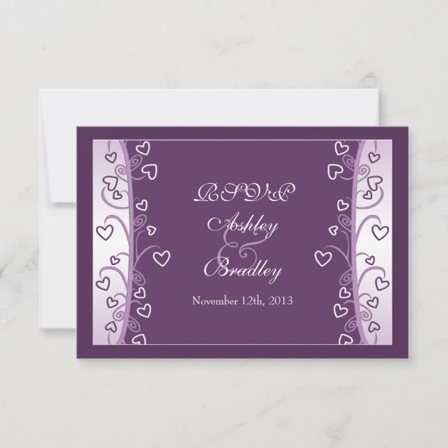 Plum Lavanda Purple Hearts Wedding RSVP Card (Frente)