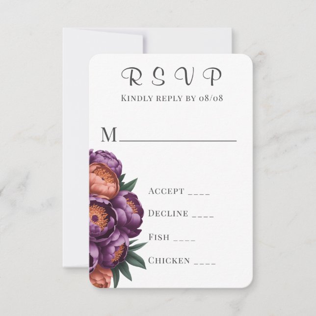 Plum & Orange Painted Peony Weding RSVP Cards (Frente)