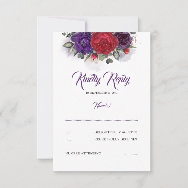 Plum Purple e Burgundy Red Floral Weding RSVP (Frente)