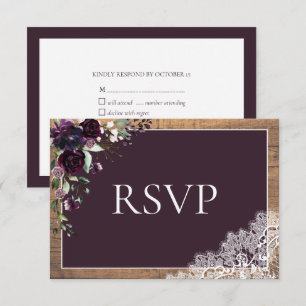 Plum Purple Floral Lace Wood Weding RSVP