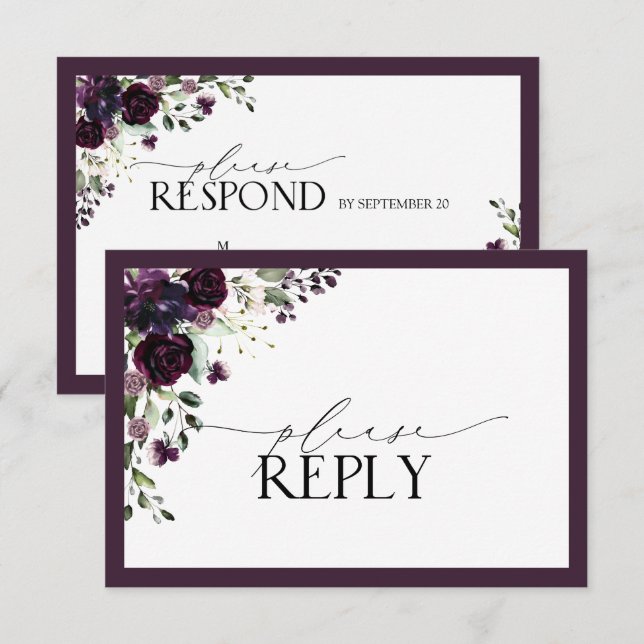 Plum Purple Floral Watercolor RSVP (Frente/Verso)