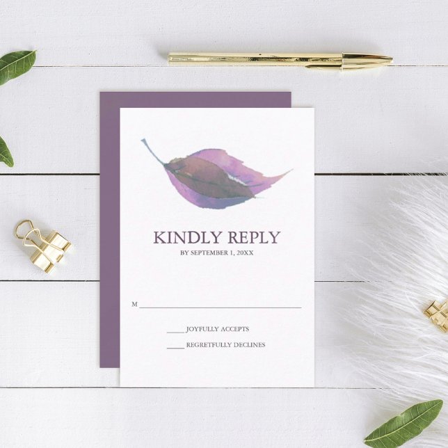 Plum Purple Watercolor Fall Leaf Weding RSVP (rsvp card dusty plum purple wedding minimalistic leaf )