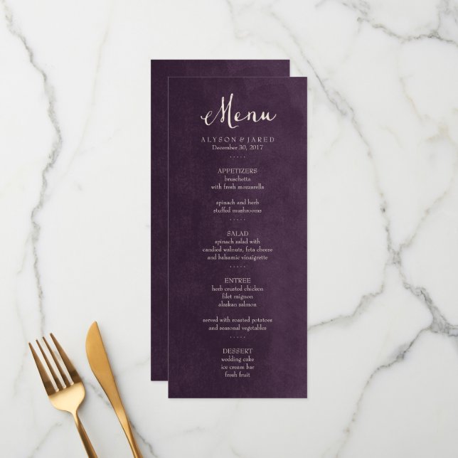 Plum Purple Wedch Menu Card (Frente/Verso In Situ)