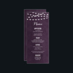 Plum String Lights Wedding Menu Card<br><div class="desc">Design de cardápio moderno de verão com simples luzes brilhantes de cordas, penduradas no topo, e uma mistura elegante de fontes modernas e caligráficas em um plano de textura de cor-de-água falso impresso. Um design de pré-disquete simples e na moda, perfeito para o verão! Clique no botão PERSONALIZAR TI para...</div>