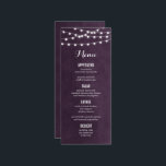 Plum String Lights Wedding Menu Card<br><div class="desc">Design de cardápio moderno de verão com simples luzes brilhantes de cordas, penduradas no topo, e uma mistura elegante de fontes modernas e caligráficas em um plano de textura de cor-de-água falso impresso. Um design de pré-disquete simples e na moda, perfeito para o verão! Clique no botão PERSONALIZAR TI para...</div>