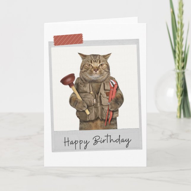 Plumber Cat Engraçado Cartão de Aniversário (Frente)