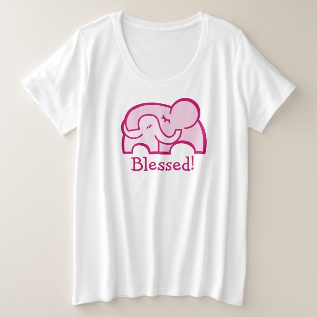 Plus Size Abençoada! Camiseta rosa-rosa de abraço elefante (Frente do Design)