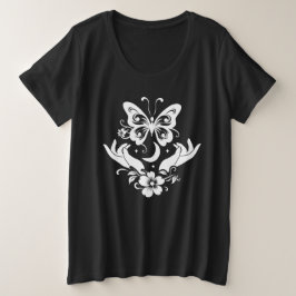 Plus Size Camiseta Botânica Celestial Borboleta Mãos Abertas