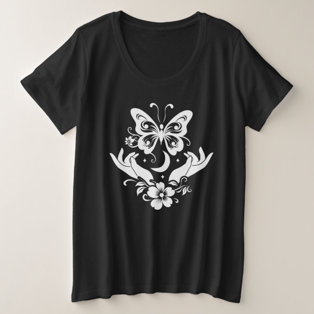 Plus Size Camiseta Botânica Celestial Borboleta Mãos Abertas (Frente do Design)