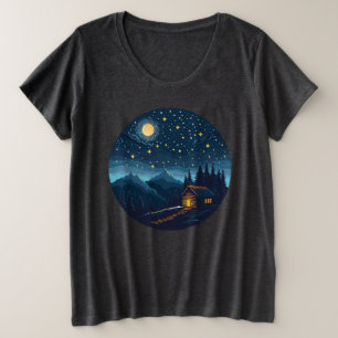Plus Size Camiseta Cabine Aconchegante Sob o Céu Estrelado