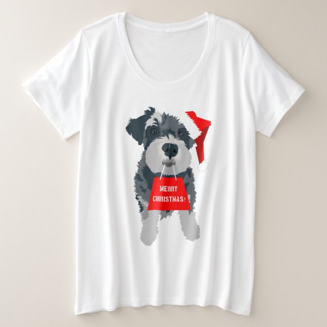 Plus Size Camiseta de Natal Schnauzer Cachorro Santa Hat (Frente do Design)